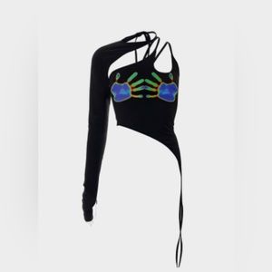 Black halter one shoulder finger sleeve vest top thermal palms